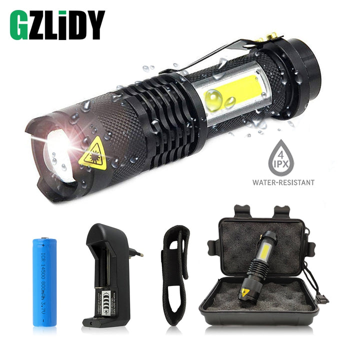 Portable LED Flashlight Q5 +COB Mini Black Waterproof Zoom LED Torch