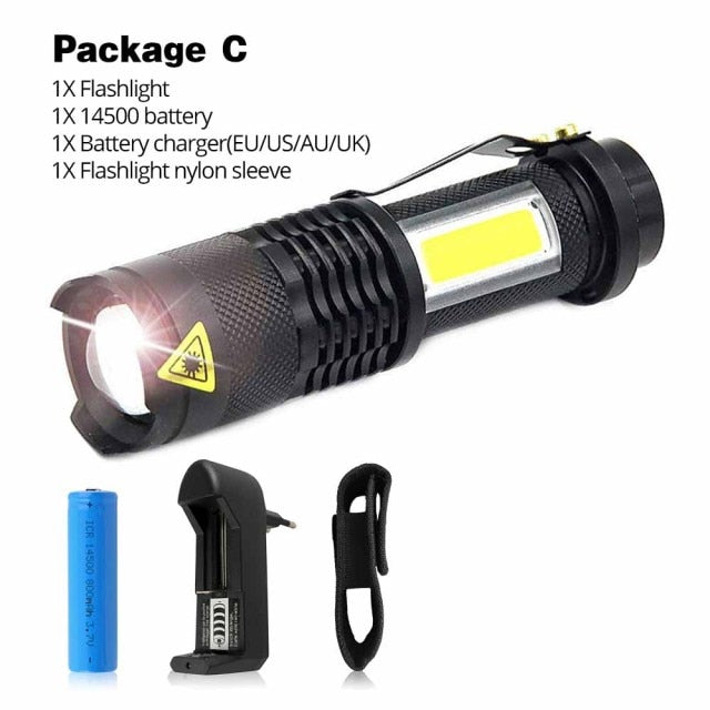 Portable LED Flashlight Q5 +COB Mini Black Waterproof Zoom LED Torch